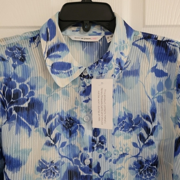 NWT Isaac Mizrahi Blouse Size SP Long Sleeve White Blue Floral Semi-Casual - Picture 8 of 12